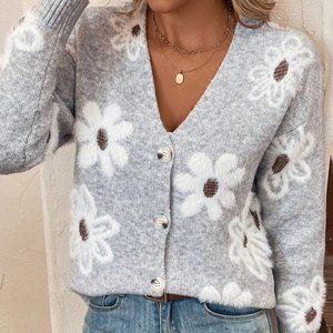 Grey Casual Womens Floral Pattern Drop Shoulder Cardigan